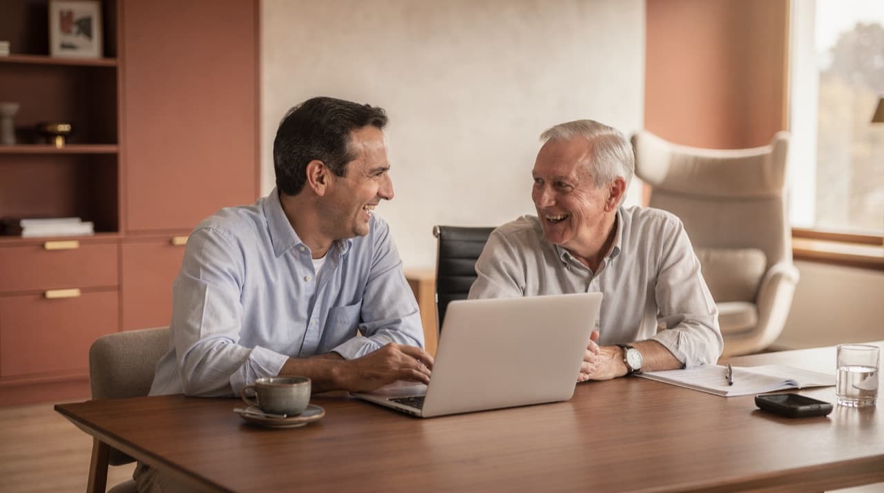 An advisor and a client reviewing a plan together on a laptop