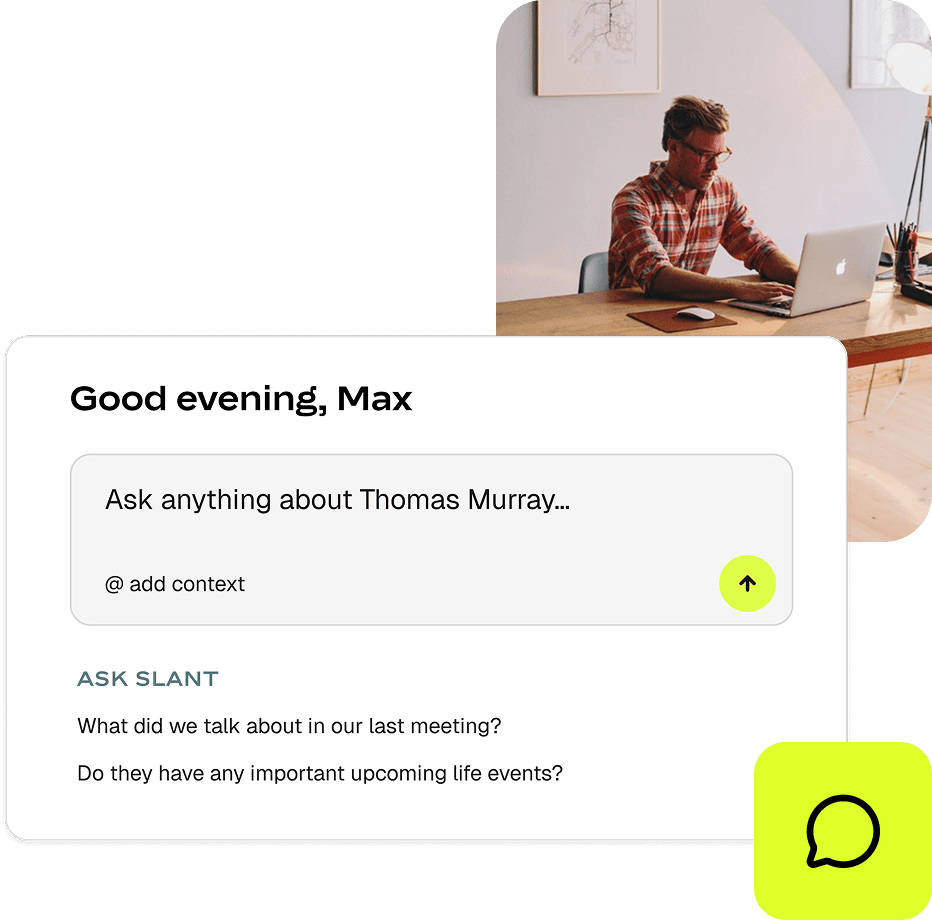 Slant's AI chat answering a question about a client, with suggested prompts