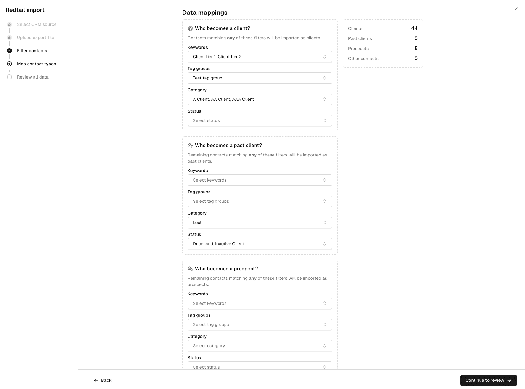 Slant's Redtail import — mapping contacts into clients, past clients, and prospects by keyword, tag group, category, and status